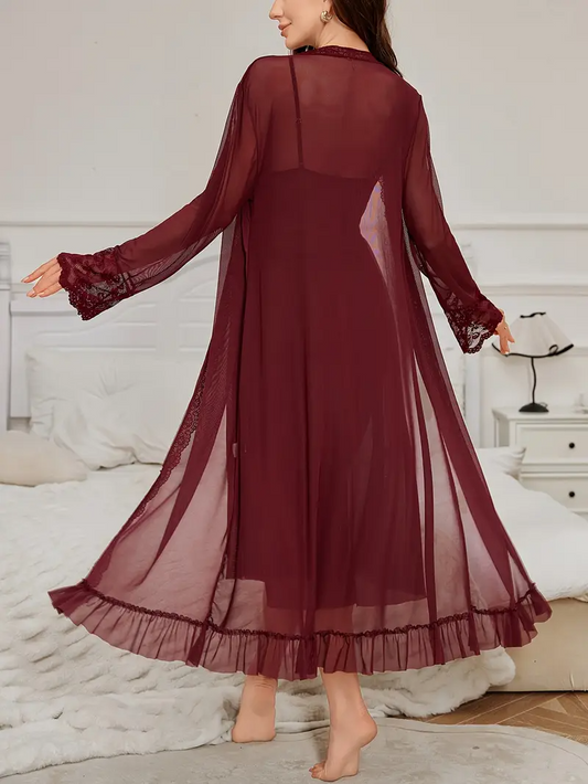 3-Piece Women’s Lace Pajama Set – V-Neck Camisole Dress with Belt