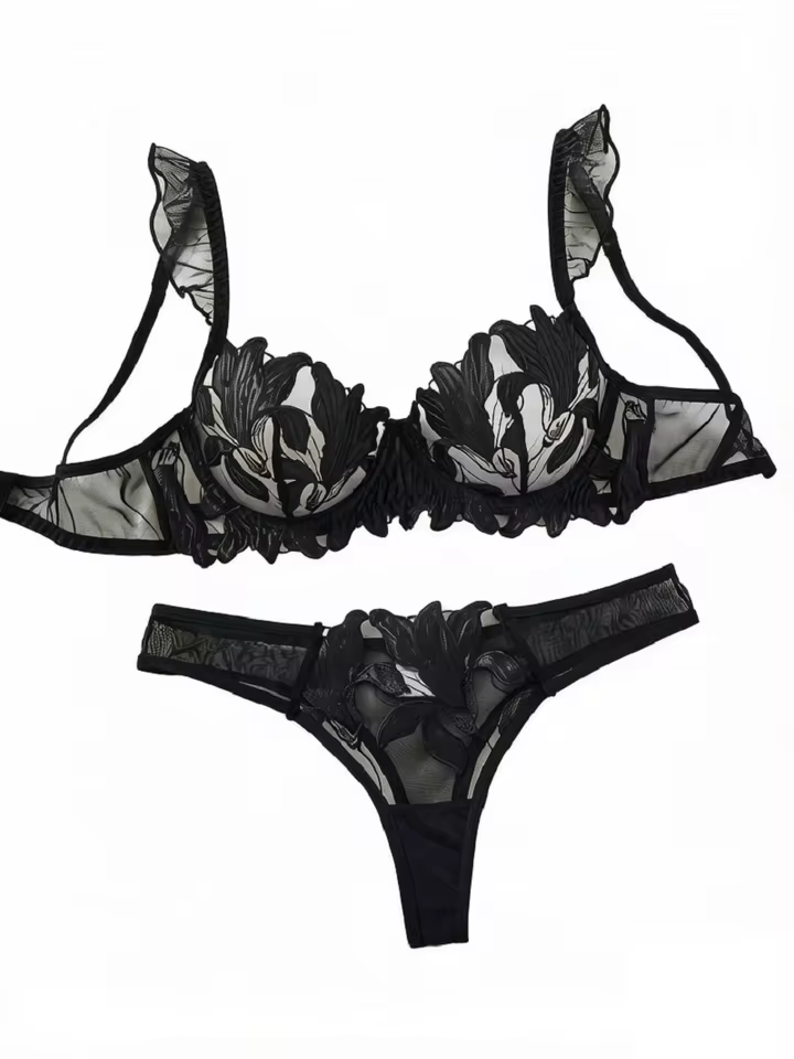 Black Floral Embroidery 2-Piece Set