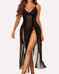 Sexy Suspenders See-Through Lace Mesh Long Slits With Panties Pajamas Set