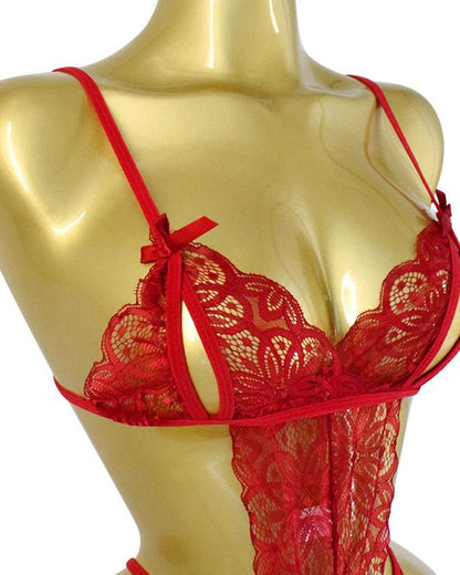 Women's Sexy Hollow Translucent Floral Lace Backless One-Piece Pajamas