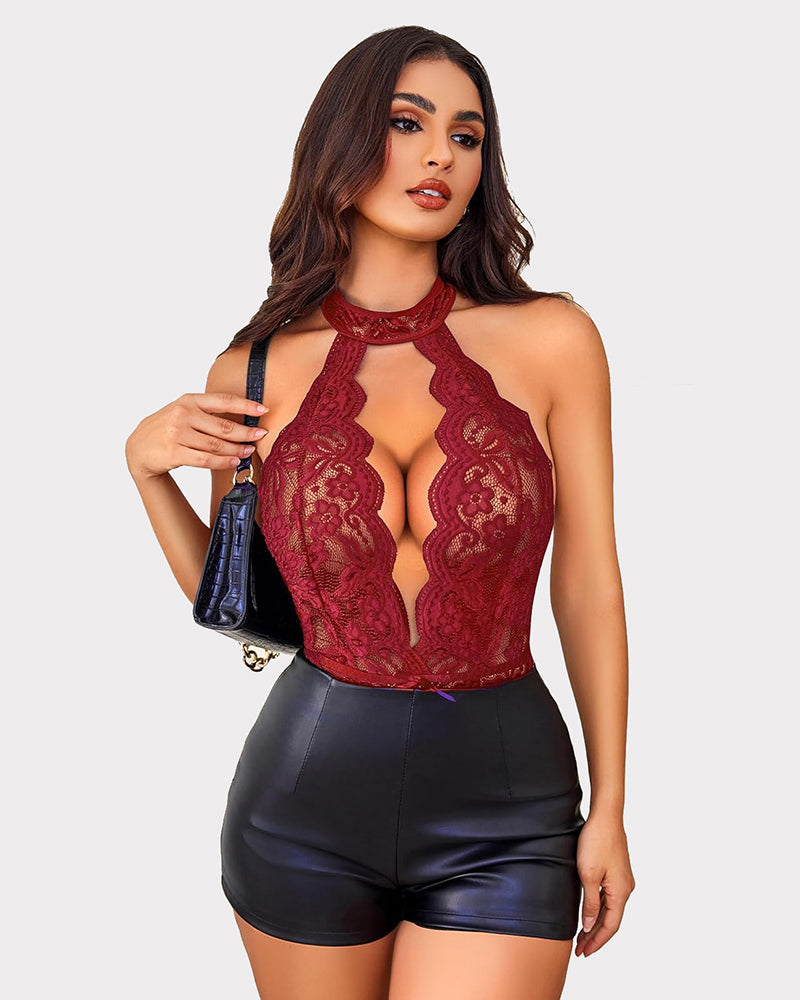 Halter Lace Bodysuit V Neck Teddy
