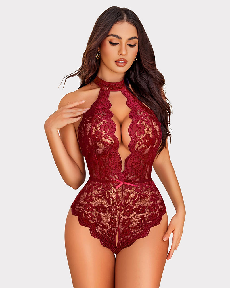 Halter Lace Bodysuit V Neck Teddy