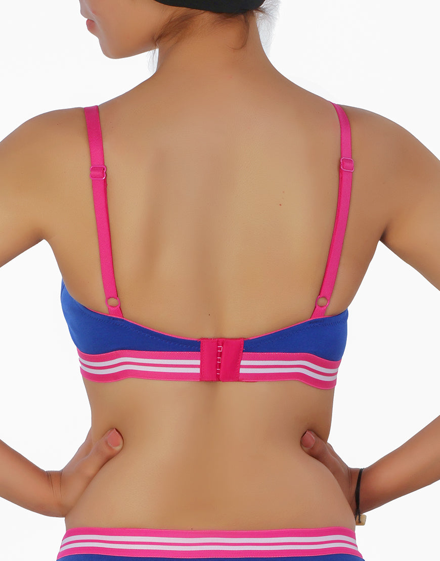 Pack of 3, LIGHTLY PADDED NON WIRED TSHIRT BRA WITH STRIPED ELASTIC WAIST BAND-BLUE
