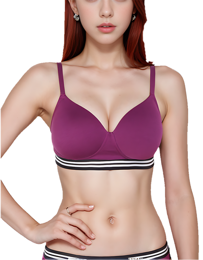 Pack of 3, LIGHTLY PADDED NON WIRED TSHIRT BRA WITH STRIPED ELASTIC WAIST BAND-PURPLE