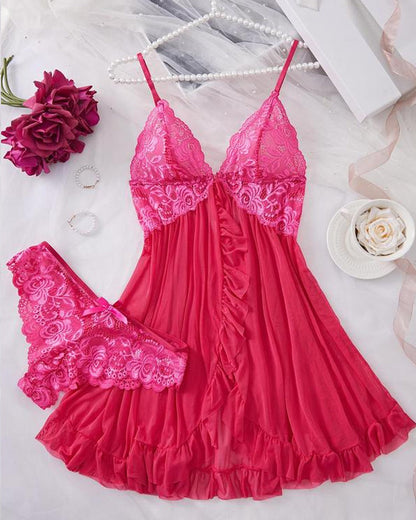 Women's Lace Sexy Ruffle Suspender Nightdress and Panty Set