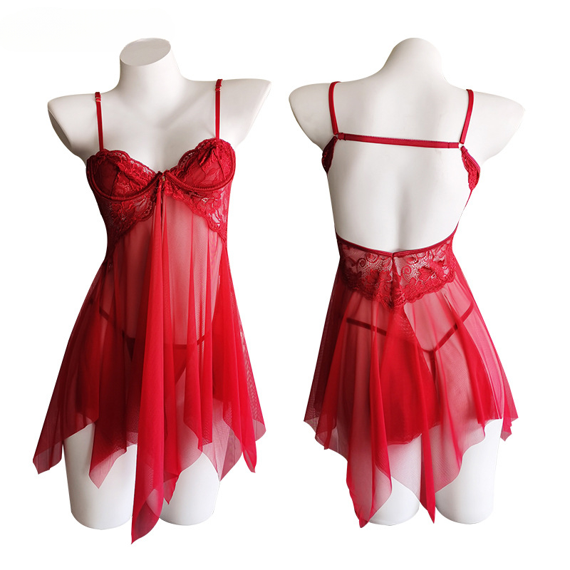 Women Sexy Nightdress Sleepwear Lace with Front Buttoned Steel Ring Pajamas Mesh See-through Temptation Sleepwear