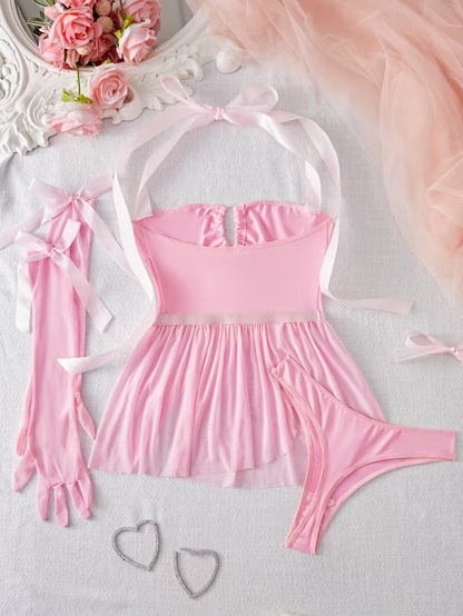 Elegant Pink Lace Off-Shoulder Lingerie Set with Garter & Gloves