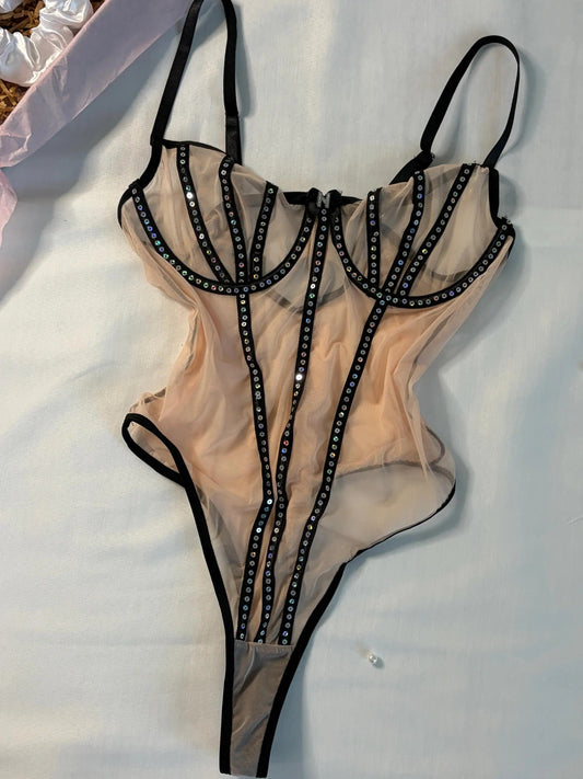 Sparkle & Mesh Rhinestone Backless Bodysuit