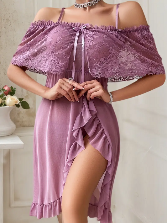 Sexy Lace Babydoll Nightgown Set with Panty – High Split Sleepwear