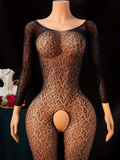 Plus Size Leopard Print Hollow-Out Bodysuit