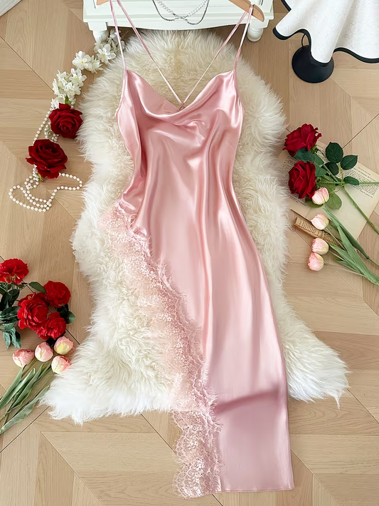 Long Lace Patchwork Comfortable Ruffled Nightgown