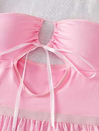 Elegant Pink Lace Off-Shoulder Lingerie Set with Garter & Gloves