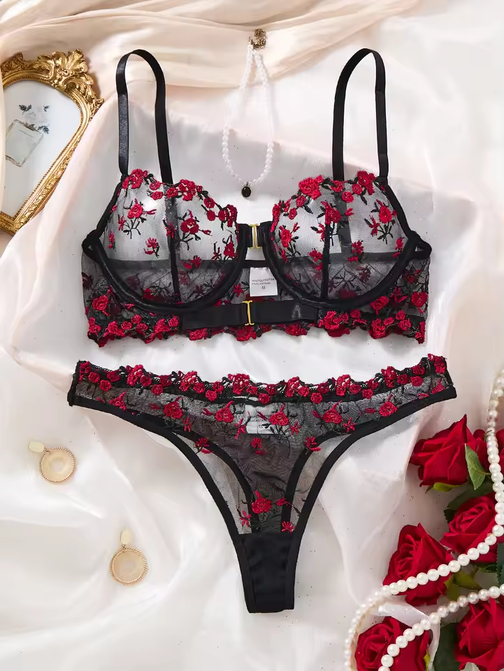 Floral Embroidery Mesh 2-Piece Set