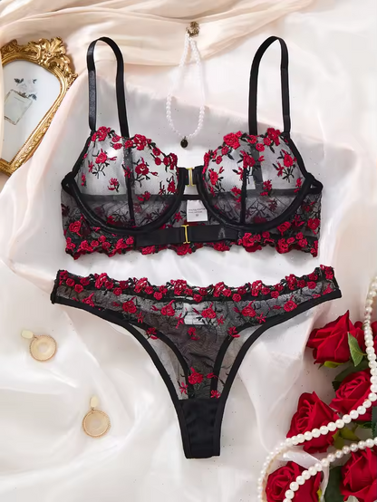 Floral Embroidery Mesh 2-Piece Set