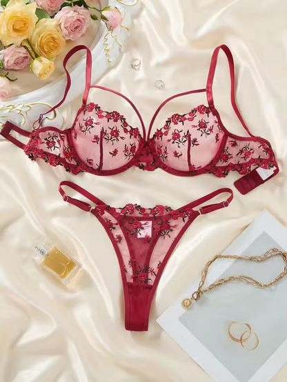 Wine Red Floral Lace 2-Piece Set