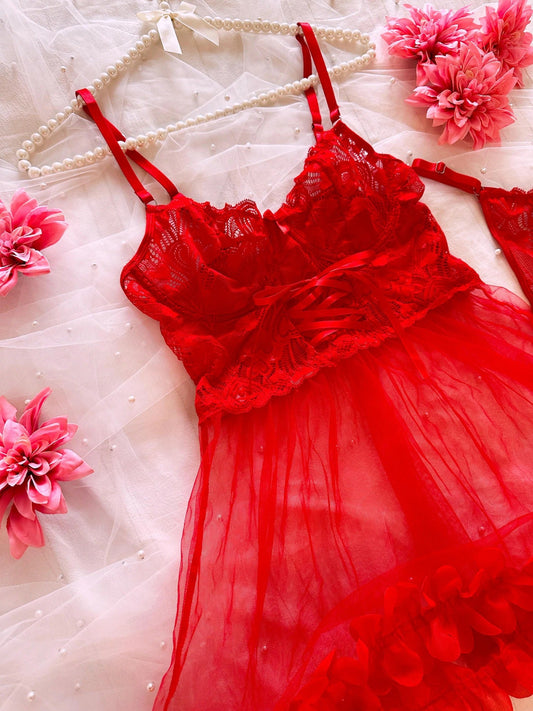 Red Lace Babydoll  Set ( Buy 2 Get 1 Free )