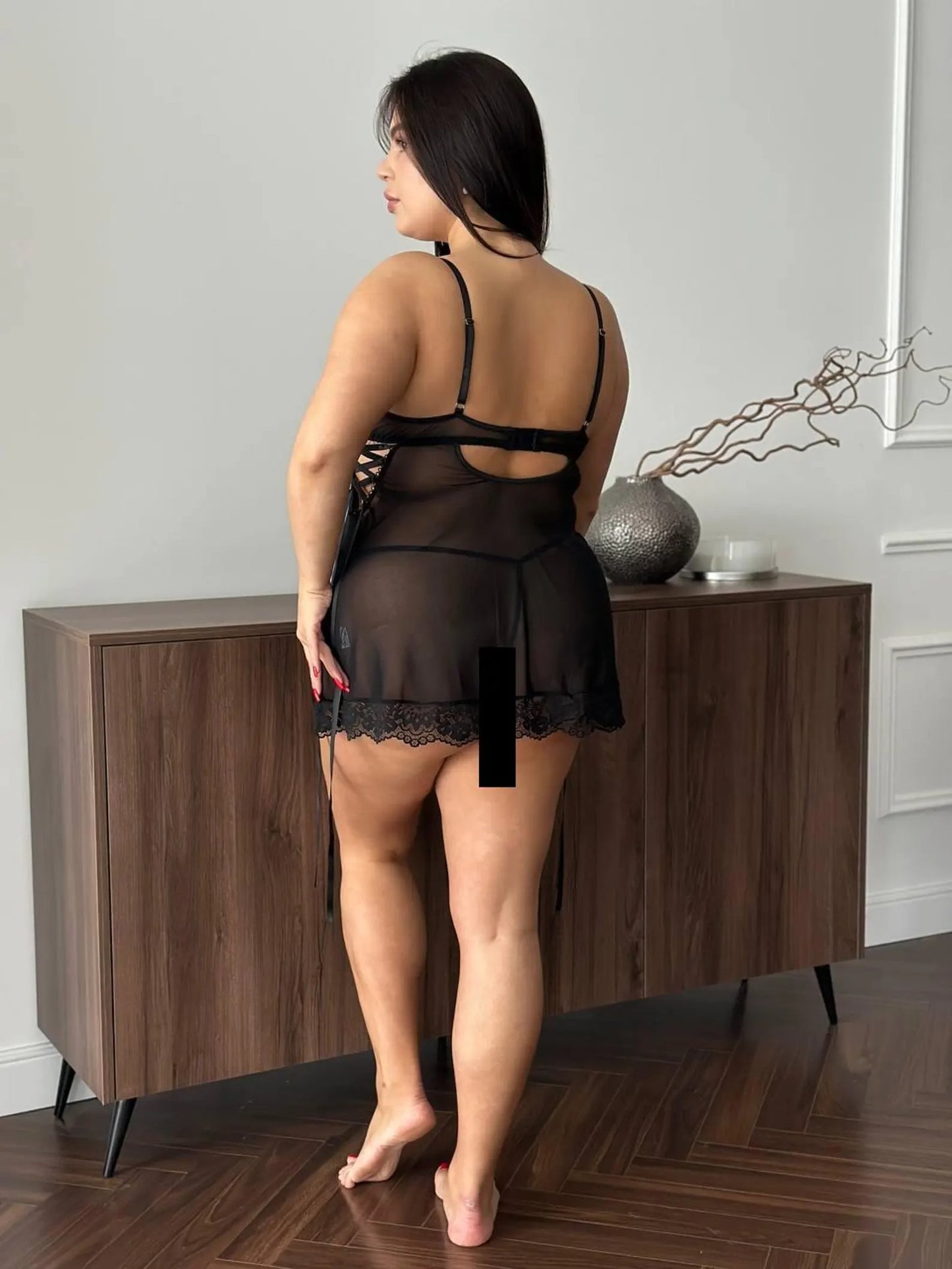 Sheer Mesh Nightwear with Corset Lacing
