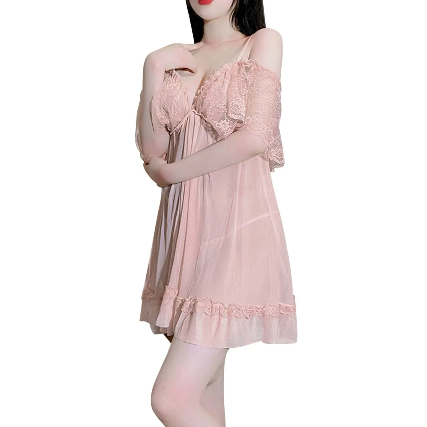 Sexy V-Neck Lace Mesh Nightdress – Women’s  Sleepwear