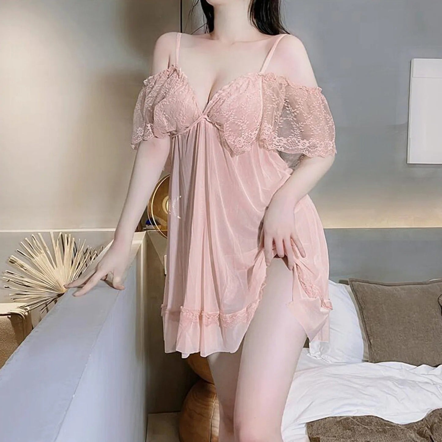 Sexy V-Neck Lace Mesh Nightdress – Women’s  Sleepwear
