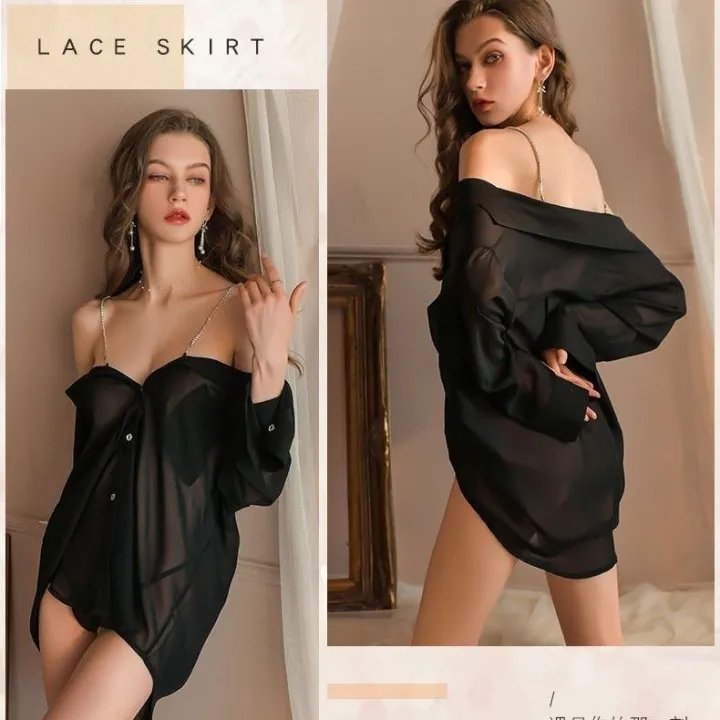 Plus Size Sexy Chain Strap Off-Shoulder Sheer Nightdress