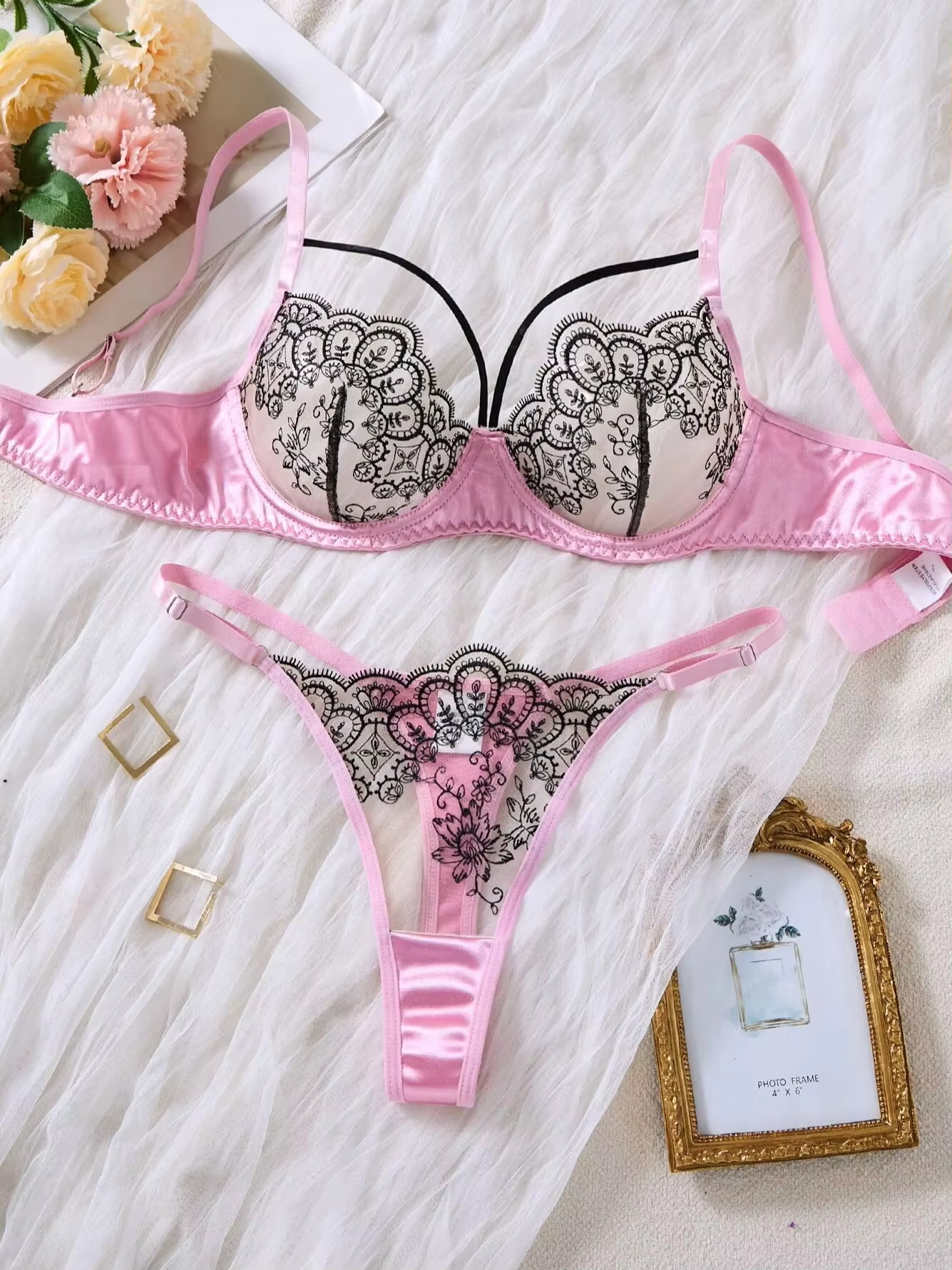 Pink Contrast Lace 2-Piece Set