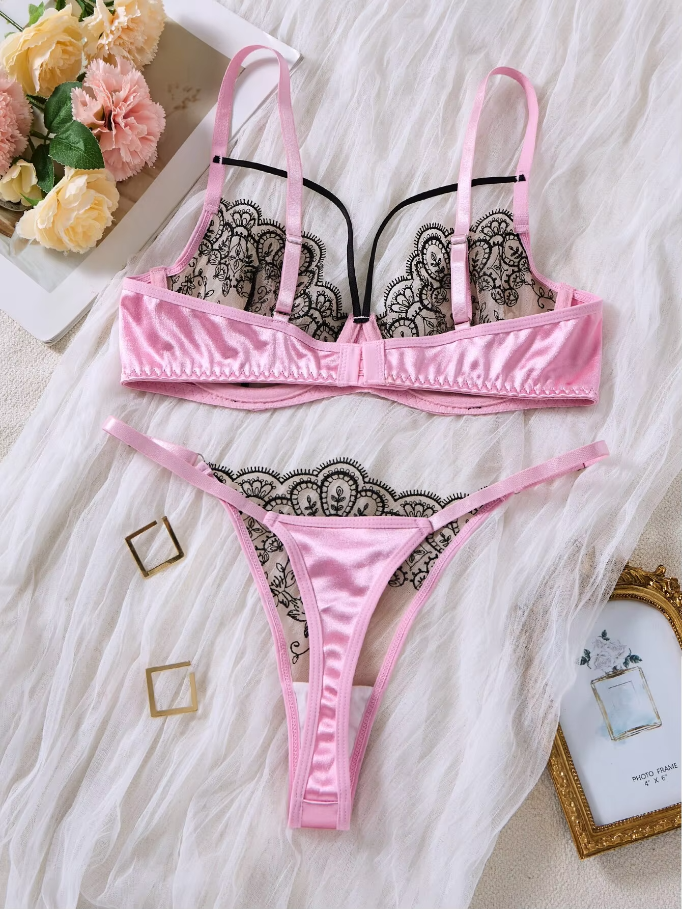 Pink Contrast Lace 2-Piece Set