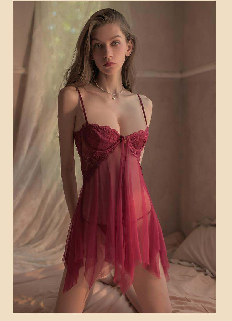 Women Sexy Nightdress Sleepwear Lace with Front Buttoned Steel Ring Pajamas Mesh See-through Temptation Sleepwear