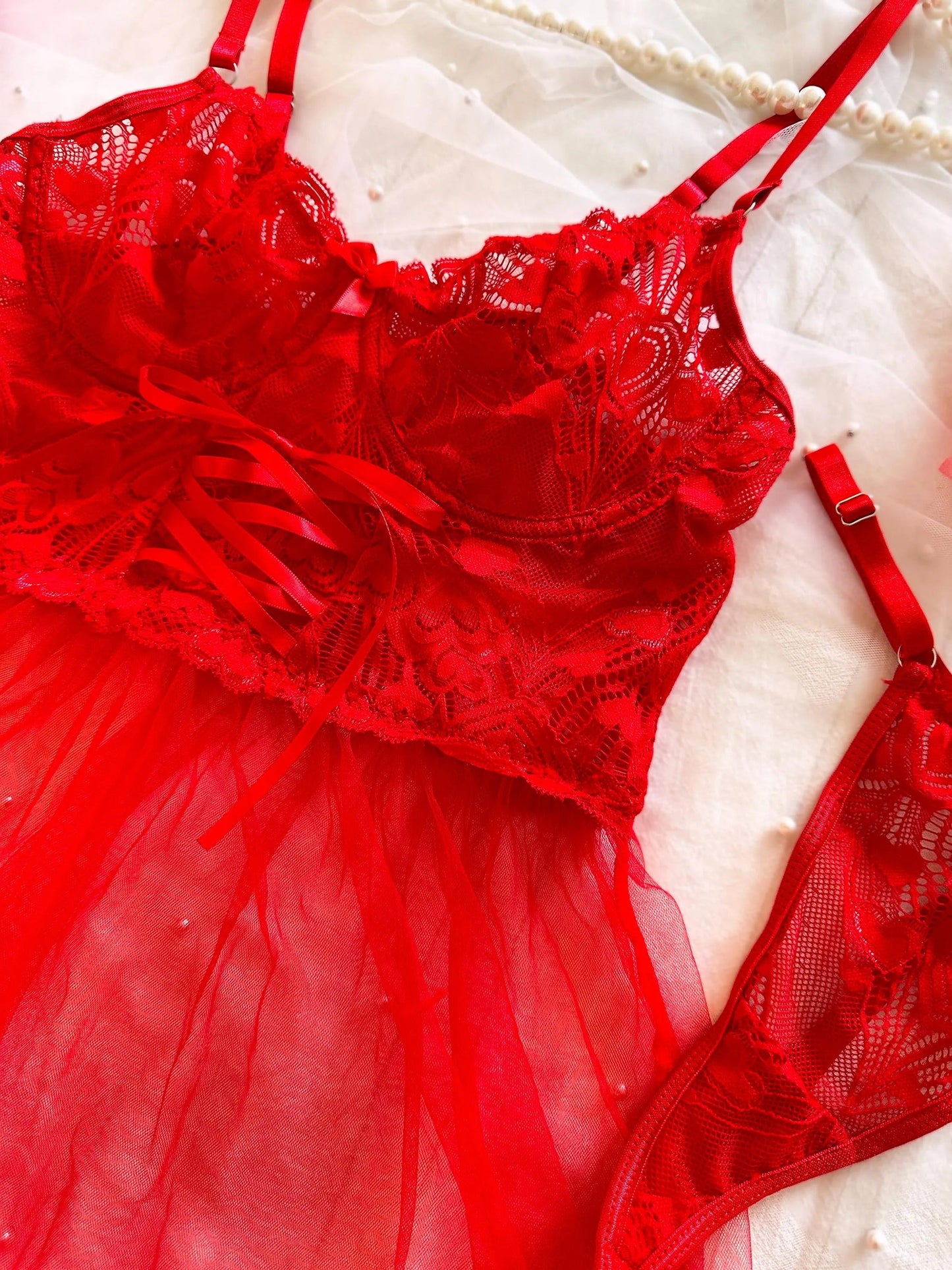Red Lace Babydoll  Set ( Buy 2 Get 1 Free )