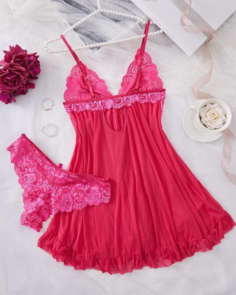 Women's Lace Sexy Ruffle Suspender Nightdress and Panty Set